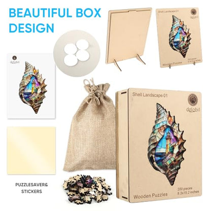 Delobil Wooden Puzzles, Shell Landscape Jigsaw Puzzles 200 Pieces, Unique Shaped Wooden Puzzle for Adults and Kids, Ghristmas Gift Family Game 15.2 x 8.3 Inch - color: Shell Landscape 01, size: 200Pcs