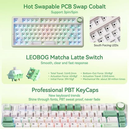 Aula F75 Gaming Keyboard, 75% Wireless Keyboards RGB Backlit with Knob, Tri-Mode Hot Swappable Mechanical Keyboard for PC Gamer - Green - color: White Green