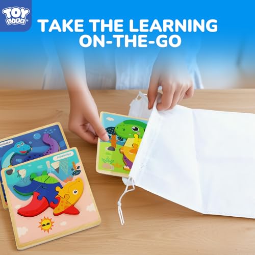 TOY Life 6-Pack Wooden Dinosaur Puzzles for Kids Ages 3-5 | Six colorful designs, easy-grip pieces, fine-motor practice, quiet travel activity, birthday gift - style: 6 Pack