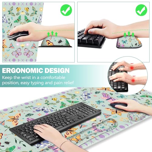 ARTSO Desk Mat Set, Aquamarine Extended Gaming Mouse Pad with Wrist Rest Support +Keyboard Wrist Rest +Coaster, Large Cute Butterfly Mousepad for Office, Home - color: Aquamarine Butterfly