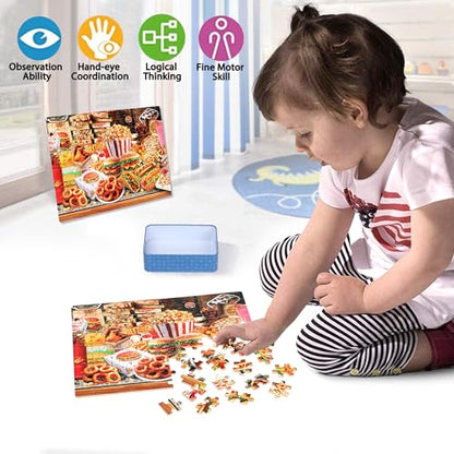 LELEMON Puzzles for Kids Ages 4-6,Hamburger Foods 100 Piece Puzzles for Kids Ages 4-8 in a Metal Box, Educational Jigsaw Puzzles 100 Piece Puzzle Games Puzzle Toys for Girls and Boys - color: Hamburger Foods