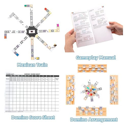 Doreimi Upgraded Mexican Train Dominoes Set with 8 Wooden Holders, Double 12 Dominos Set for Kids, Adults Travel Domino Train Set with 91 Tiles and Carry Case, Classic Board Games for Family Night - style: Dot+8 Racks+Wooden Hub