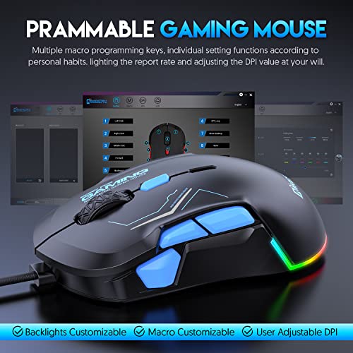 High-Performance Wired Gaming Mouse with Dynamic RGB Lighting, 12800 DPI Adjustable, Multi-Functional Mouse with 10 Customizable Macro Buttons (Black-Blue) - color: Black-Blue