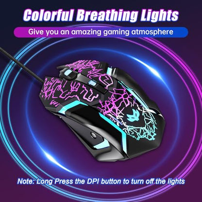 Wired Gaming Mouse,Ergonomic Optical Gaming Mice with 7 Color LED Backlight, 4 DPI Settings Up to 3600 DPI Computer Wired USB Mouse for Laptop/mac, 6 Buttons, Black - color: Wired Black