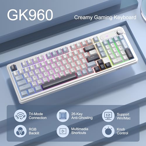 MageGee GK960 Wireless Keyboard, 98 Keys Tri-Mode BT/2.4G/Wired Membrane Gaming Keyboard, RGB Creamy Keyboard with Number Pad, Knob Control, 4000mAh Battery - Blue & White - color: Blue & White