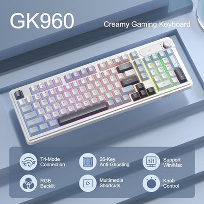 MageGee GK960 Wireless Keyboard, 98 Keys Tri-Mode BT/2.4G/Wired Membrane Gaming Keyboard, RGB Creamy Keyboard with Number Pad, Knob Control, 4000mAh Battery - Blue & White - color: Blue & White