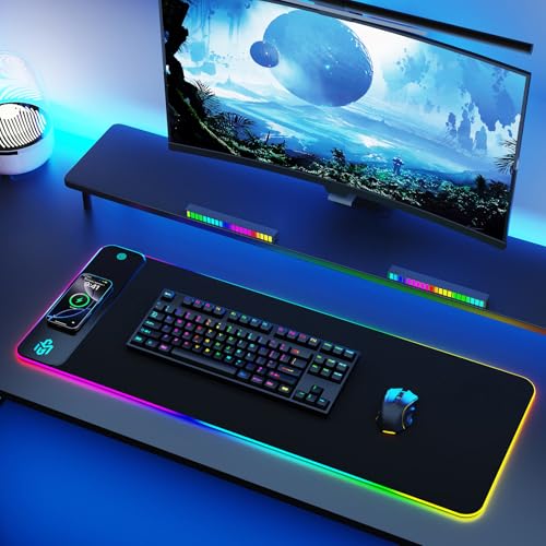 Mouse Pad Gaming Wireless Charging, 800x300x4mm, Black | Supports wireless charging for smartphones and earbuds, features 10 RGB lighting modes. Dimensions: 31.5" L × 11.8" W. - color: Black