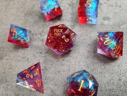 Sharp Edge F Words Crystal Polyhedral 7 Dice Set for Dungeons & Dragons, DND, D&D, Tabletop RPG, Red