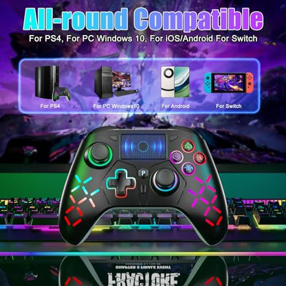 LED Wireless Controller for 4, RGB Lighting Gamepad for 4 Slim/Pro with Turbo/6-Axis Motion Sensor/1200mAh Battery/3.5mm Audio Jack - Black - color: RGB Black