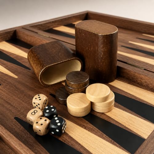 Black Walnut Backgammon Set for Adults, 14.4 x 18Inch Wooden Foldable Board Game with 30 Checkers, Dice, Doubling Cube and 2 Matching Dice Cups, Classic Travel Game Set