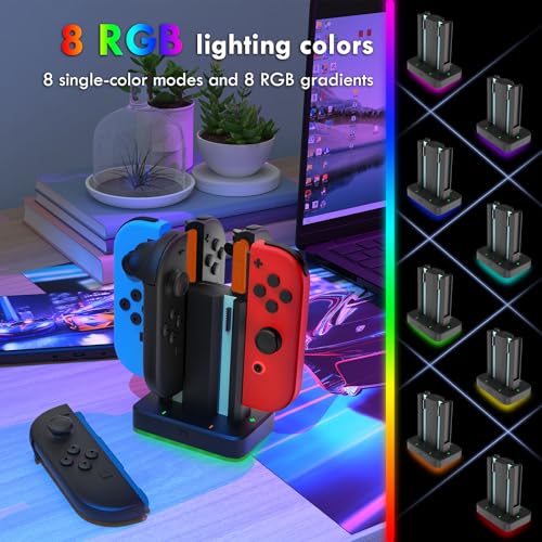 6 in 1 Charging Dock for Nintendo Switch 1/2 JoyCon with RGB Light,Ergonomics & Magnetic Fast Charge,Type-C Prot,Charger Stand Station Compatible with Switch 1/2 Joy Con