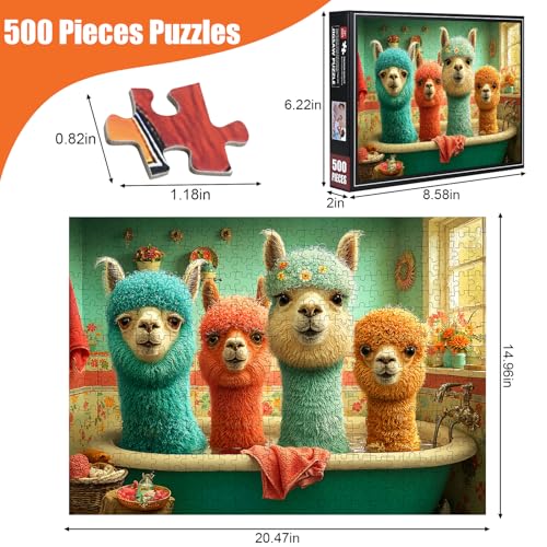 Llama Puzzles for Adults 500 Pieces, 15"x20" | Animal in Bathtub Jigsaw Puzzle, Letters on Back, Reference Poster Included, Family Challenging Funny Perfect for Game Nights - color: Alpaca