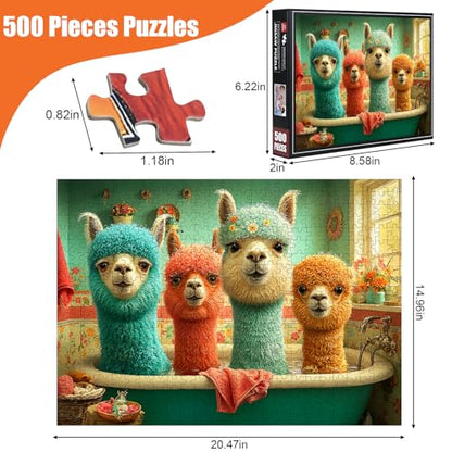 Llama Puzzles for Adults 500 Pieces, 15"x20" | Animal in Bathtub Jigsaw Puzzle, Letters on Back, Reference Poster Included, Family Challenging Funny Perfect for Game Nights - color: Alpaca