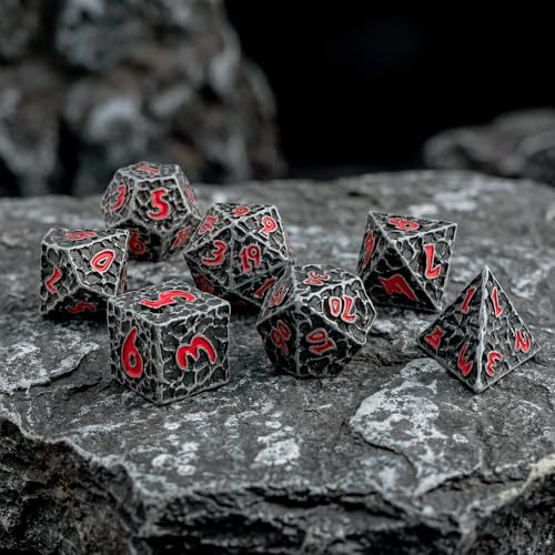 Haxtec Metal DND Dice Set, 7 Pcs Meteorite Texture Polyhedral Dice for RPG | Red Numbers D&D with Leather Bag, Compatible with Dungeons and Dragons, Antique Iron Heavy Metallic, Gifts for Table Games - color: Antique Iron Red