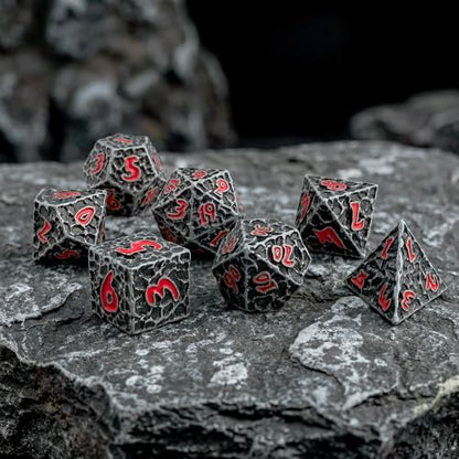 Haxtec Metal DND Dice Set, 7 Pcs Meteorite Texture Polyhedral Dice for RPG | Red Numbers D&D with Leather Bag, Compatible with Dungeons and Dragons, Antique Iron Heavy Metallic, Gifts for Table Games - color: Antique Iron Red