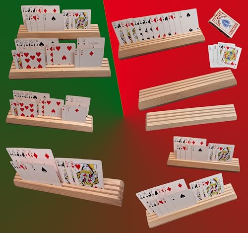 Wooden Playing Card Holders – Set of 4 – Handmade Pine 3-Slot Organizers for Seniors, Kids & Game Night – Durable, Veteran-Made in USA