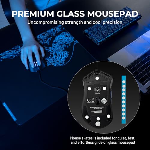 XVX Black Kanagawa Glass Mousepad 4.0, Hard Mouse Pad for Gaming, Ultra-Smooth Micro-Etched Surface Mouse Mat with Non-Slip Rubber Base(410mm*310mm) - color: Black(Kanagawa)