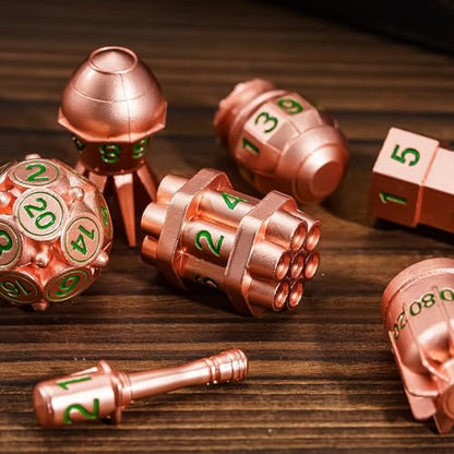 UDIXI RPG Metal Dice Set D&D, 7-Pieces Polyhedral Metal DND Dice Set Copper | Bomb Shape, Green Numbers, Solid Metal, Cool Design, Leather Pouch Packaging, for Dungeons and Dragons Role Playing Games - color: Copper Green
