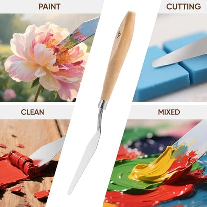 25pcs Paint Brush Set, Professional Paint Brush Set with Cloth Roll and Paint Spatula, Nylon Brushes for Acrylic Painting,Watercolor,Oil,Gouache, Art Supplies for Beginners and Artists (Wood)