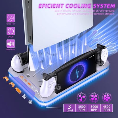 PS5 Pro/PS5/Slim/Stand and Cooling Station with LED,Charging Station for PlayStation Portal & PS5 Controller, Headset and Remote Holders (White) - color: White