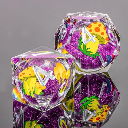 OUKELANWO Liquid Core Mushroom DND Dice Set D&D, 7Pcs Resin Sharp Edge Dice with Gift Box, Dungeons Dragons D and D Role Playing Gaming Dice D20 D12 D10 D8 D6 D4, Purple and Yellow - color: Purple and Yellow