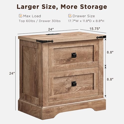 T4TREAM 24" Farmhouse Nightstand with Charging Station, Light Knotty Oak | End Table, 2 Large Storage Drawers, Rustic Wood Sofa Bedside Table, Bedroom, Living Room - color: Light Knotty Oak, size: 24"W*15.75"D*24"H