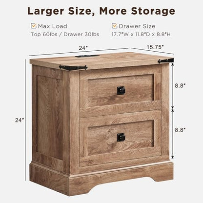 T4TREAM 24" Farmhouse Nightstand with Charging Station, Light Knotty Oak | End Table, 2 Large Storage Drawers, Rustic Wood Sofa Bedside Table, Bedroom, Living Room - color: Light Knotty Oak, size: 24"W*15.75"D*24"H