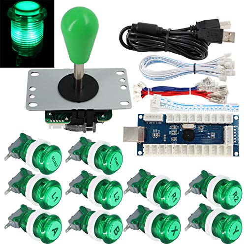 Arcade Game Stick DIY Kit Buttons with Logo LED 8 Way Joystick USB Encoder Cable Controller for PC MAME Raspberry Pi Green - color: green