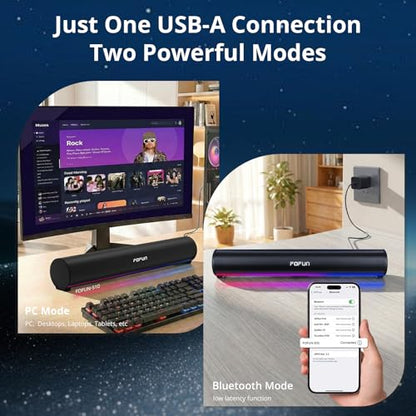 Computer Sound Bar with Detachable ENC Microphone, Enhanced Bass Gaming Soundbar, Bluetooth 6.0, USB-A Plug and Play, PC and Bluetooth Mode, 3EQ, 10 RGB Speaker for Gaming, Music,Meeting