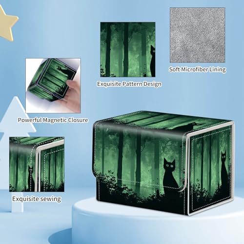for MTG Commander Deck Box,Card Deck Box for Trading Yugioh MTG,Fits 100 Double Sleeved Cards,PU Leather Strong Magnet Case for Magic Commander TCG CCG,Black Green Cat - color: Black Green Cat