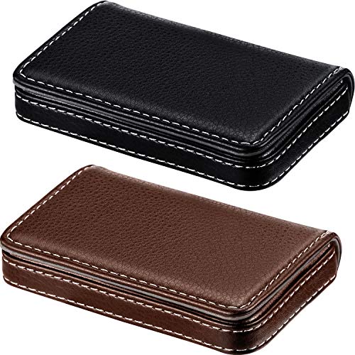 Outus 2 Pcs Business Card Holder, PU Leather Business Card Case Pocket Wallet with Magnetic Shut for Valentines Gift Adult(Black and Coffee) - color: Black and Coffee