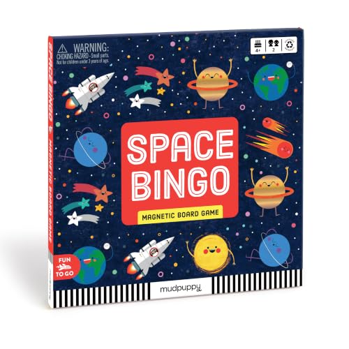 Mudpuppy Space Bingo – Outer Space Version of Travel-Friendly Magnetic Board Game with Adorable Illustrations of Planets for Children Ages 4 to 10, 2-6 Players - style: Space Bingo