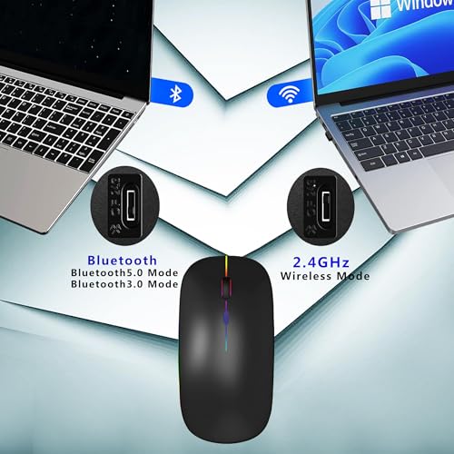 WREANU Wireless Bluetooth Mouse Rechargeable Laptop Mice with LED Lights Silent Slim Use(BT5.2 and 2.4G Portable USB) Dual Mode Computer Mouse for Laptop/iPad/Tablet/Apple/Computer/Mac (Black) - color: Black