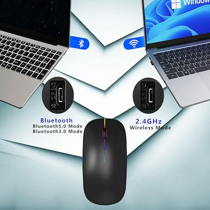 WREANU Wireless Bluetooth Mouse Rechargeable Laptop Mice with LED Lights Silent Slim Use(BT5.2 and 2.4G Portable USB) Dual Mode Computer Mouse for Laptop/iPad/Tablet/Apple/Computer/Mac (Black) - color: Black