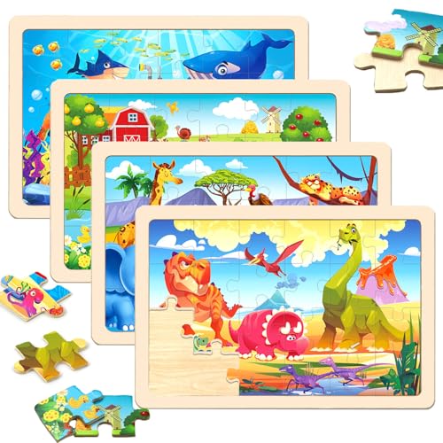 Wooden Puzzles for Kids Ages 4-6, 24 Pieces Dinosaur, Undersea, Wildlife, Farm Jigsaw Puzzles for Kids Ages 3-5. 4 Pack Toddler Puzzles Toys for Boys and Girls Ages 3,4,5,6 Year Old - color: Dinosaur+sea+animal+farm