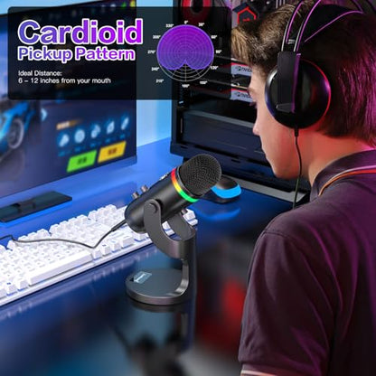 ZealSound Podcast Microphone for PC, USB Mic with Noise Reduction, Tap-to-Mute, Gain & Echo Controls, Zero-Latency Monitoring, RGB Lighting for Mac, iPhone, iPad, Live Streaming & Voice-Over K66 Pro - color: RGB
