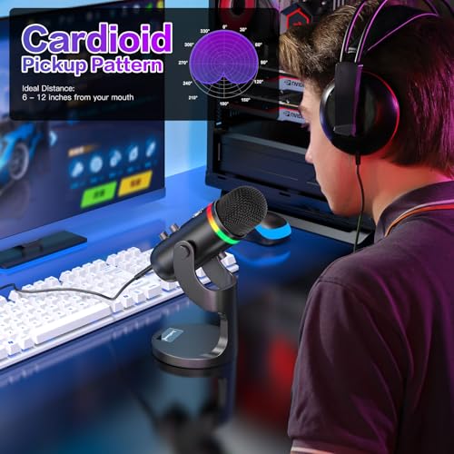 ZealSound Podcast Microphone for PC, USB Mic with Noise Reduction, Tap-to-Mute, Gain & Echo Controls, Zero-Latency Monitoring, RGB Lighting for Mac, iPhone, iPad, Live Streaming & Voice-Over K66 Pro - color: RGB