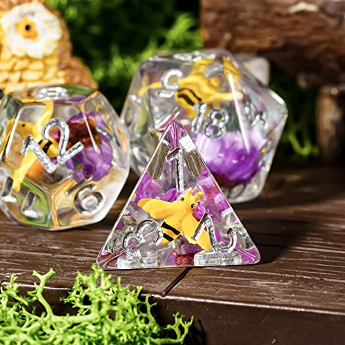 Cusdie 7-Die DND Dice, Polyhedral Dice Set Filled with Animal, for Role Playing Game D&D Dice (Bee Purple Flower) - color: Bee Purple Flower