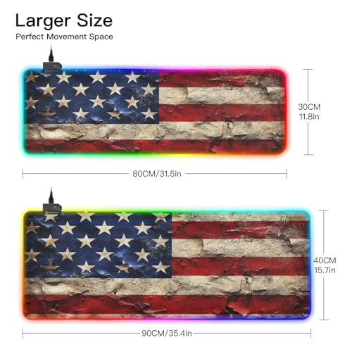 Gaming Mouse Pad Art USA Print, Multiple Modes RGB Light Large Fabric Keyboard Pad with Anti Slip Rubber Base Medium - size: Medium