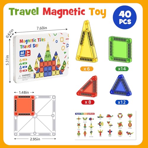 Mini Magnetic Tiles Travel Toys: Airplane Activities for Kids 3-8 | 40pcs Metal Box Play Base & Visual Storage Guide - Road Trip Essentials for Toddlers Quiet Games Portable Sets Must Haves - style: Glossy Surface Mini Magnetic Tiles - 40 PCS