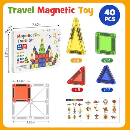 Mini Magnetic Tiles Travel Toys: Airplane Activities for Kids 3-8 | 40pcs Metal Box Play Base & Visual Storage Guide - Road Trip Essentials for Toddlers Quiet Games Portable Sets Must Haves - style: Glossy Surface Mini Magnetic Tiles - 40 PCS