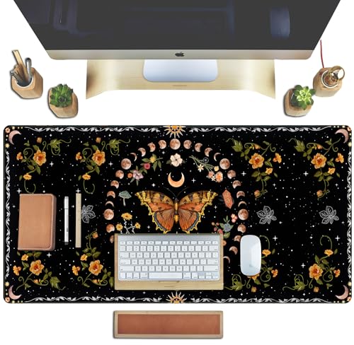 Moth Desk Pad Mushroom Phase Moon Phase Desk Mat, Boho Flowers and Leaves Computer Big Mouse Pad Washable Cloth Non-Slip Rubber Base Keyboard Pad Mouse Mat for Office with Stitched Eges 31.5x15.7 in - color: Black Butterfly Moon