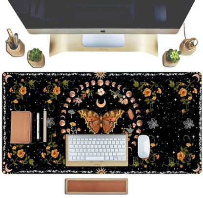 Moth Desk Pad Mushroom Phase Moon Phase Desk Mat, Boho Flowers and Leaves Computer Big Mouse Pad Washable Cloth Non-Slip Rubber Base Keyboard Pad Mouse Mat for Office with Stitched Eges 31.5x15.7 in - color: Black Butterfly Moon