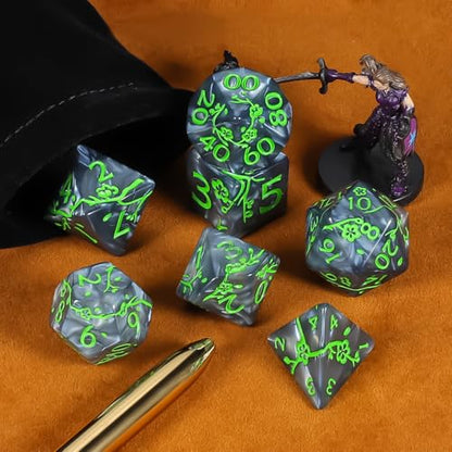 CiaraQ 7pcs Polyhedral Dice Set for Dungeon and Dragons MTG Table Games | Acrylic Role Playing Dice for D&D with Black Velvet Bag – Black Pearl with Green Numbers & Plum Blossom Patterns - color: Black and Green Floral Dice