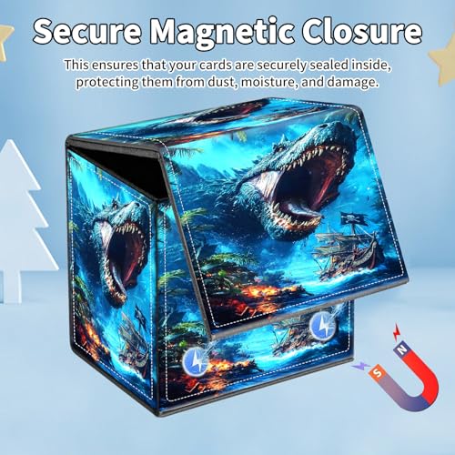 Card Deck Box for MTG Commander,Collectible Trading Storage Box Fits 120+ Single Sleeved Cards Magnetic Case PU Leather for Magic Commander TCG CCG MTG,Blue Dinosaur Ocean - color: Blue Dinosaur Ocean