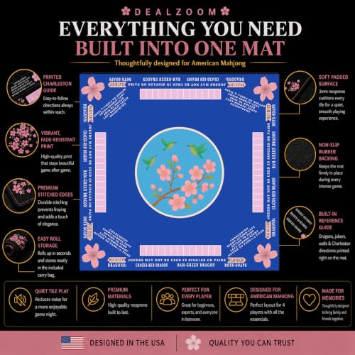 American Mahjong Mat with Rules Printed (33x33, 2.5mm Thick, Hummingbird Blue) Mahjong Mat for Table w/Bag, Crease-Proof Waterproof Non-Slip, Soft Mahjong Table Mat, Noise Reduction - color: Hummingbird Blue Mat
