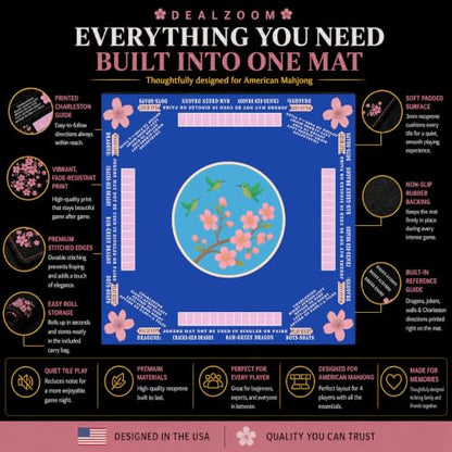 American Mahjong Mat with Rules Printed (33x33, 2.5mm Thick, Hummingbird Blue) Mahjong Mat for Table w/Bag, Crease-Proof Waterproof Non-Slip, Soft Mahjong Table Mat, Noise Reduction - color: Hummingbird Blue Mat