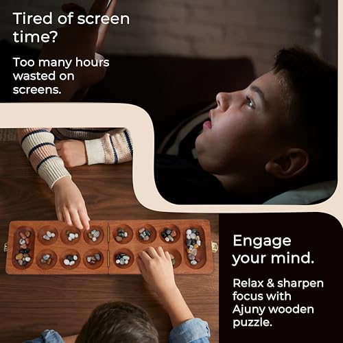Ajuny Wooden Mancala Board Game Folding Travel Set with 80 Marbles 2 Player | Classic Counting Strategy Activity for Kids Adults Families Portable Entertainment Educational Tabletop Indoor Fun Night Play - size: 9.5 Inch