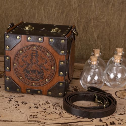 HiiFeuer Medieval Alchemist Crossbody Bag, Embossed Leather Riveted Potion Box with Bottles, Wizard Storage Box for Ren Faire(Brown A) - color: Brown A