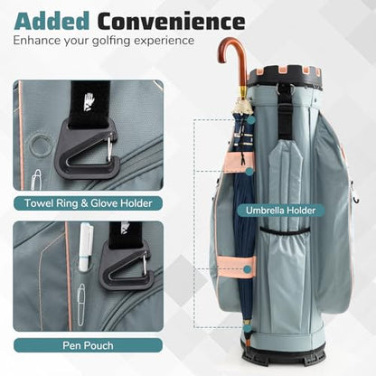 Goplus Lightweight Golf Cart Bag, Molded Lock Top Golf Club Bag w/14-Way Full Length Organizer Dividers, 11 Pockets, Cooler Bag, Straps, Umbrella Holder & Rain Hood for Men Women - color: Grey+Pink